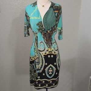 Bohemian Paisley Dress Size Medium 3/4 Sleeves V Neckline